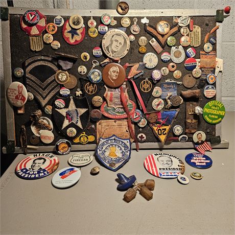 Vintage Buttons & Patches on a 13" x 21" Pin Board- Election, Military & More