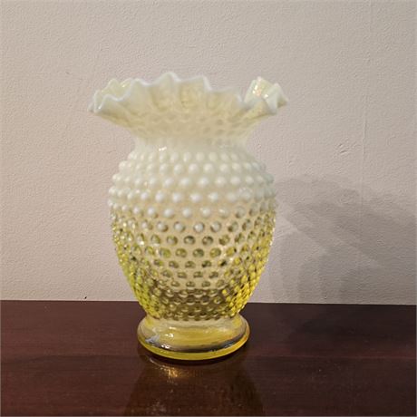 Fenton Uranium Hobnail 6" Ruffled Topaz Opalescent Flower Vase