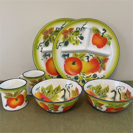 Setting for 2 Vtg Enamelware Fruit Designed Divided Plates, Bowls, & Cups