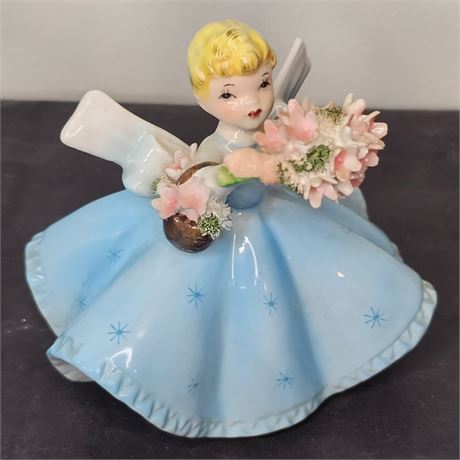 Lefton Figurine, Flower Girl in Beautiful Blue Dress