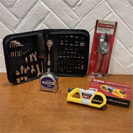 Variety of Tools in Case, Craftsman Anvil Pruner, Laser Level, and Tape Measurer