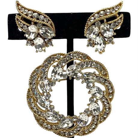Vintage Trifari Gold Toned Rhinestone Earrings and Brooch Set