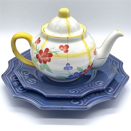 Pair of Amara Iridescent Plates with Colorful Teapot