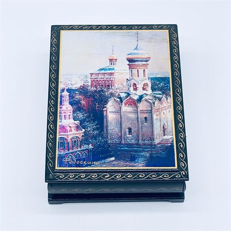 Russian Black Lacquer Box Cathedral Landscape Signed