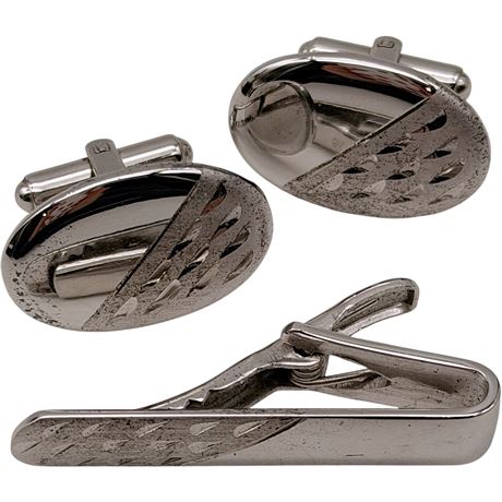 925 Sterling Silver L.C. Cufflinks and Tie Bar Set
