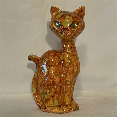 Signed Ceramic Drip Glaze Gemstone Eyes Cat Figurine