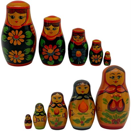 (2) Vtg 5pc Russian Matryoshka Nesting Dolls