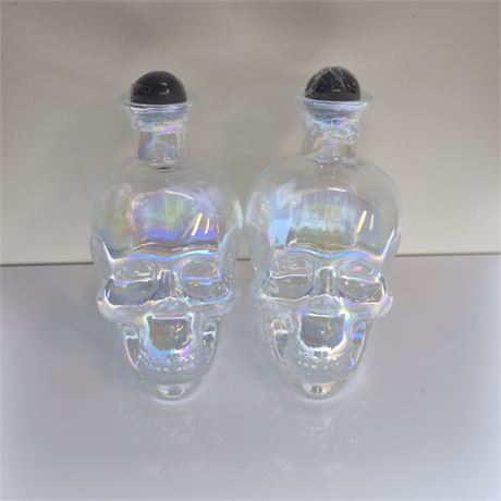 NEW 2 Iridescent Skull Glass Decanters