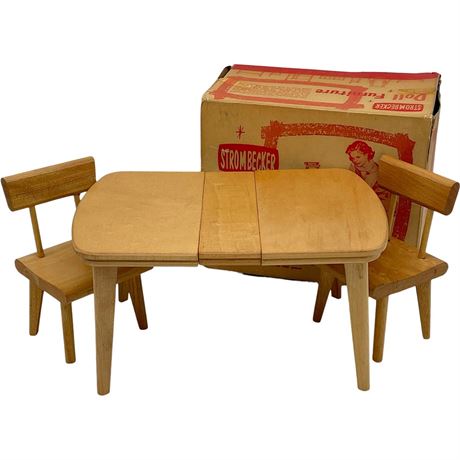 Vtg Strombecker Doll Table w/ Leaf, Two Chairs & Original Box