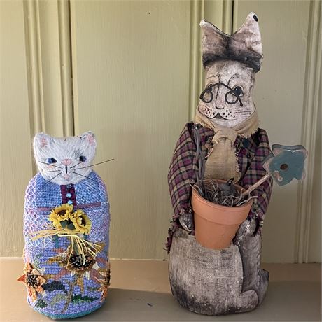 Needlepoint Kitten Standalone Figurine w/ Cloth Crafted Bunny Figurine