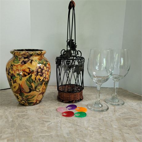 Wine Bottle Holder, Vase, Wine Glasses and Tags