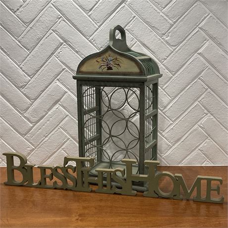 Farmhouse Style Painted Wine Rack and "Bless This Home" Wall Plaque