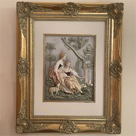 Antique Victorian "Ladies in Waiting" Bisque Porcelain Framed Relief Wall Plaque