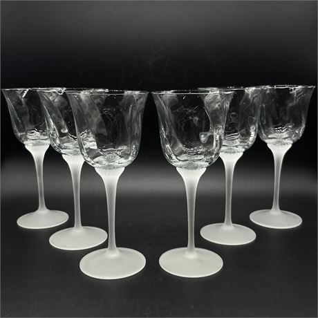 Vintage Set of 6 Crystal Wine Glasses with Frosted Stems