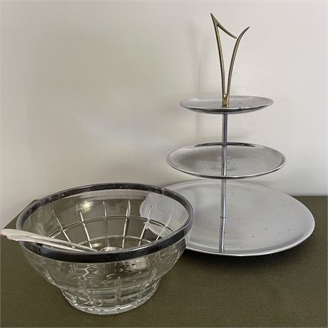 Oneida Salad Serving Set w/ Three-Teir Kromex Mid Century Serving Tray