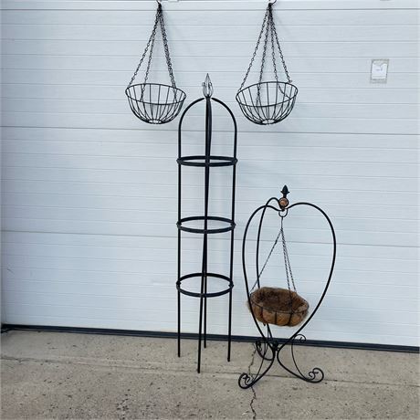 Wrought Iron Obelisk Trellis w/ Heart Plant Hanger & (3) Hanging Baskets