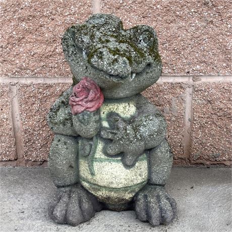 Cement Alligator Holding Rose Garden Statue