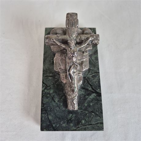 Vtg Cast Metal Crucifix w/Christ Figure Marble Base Religious Sculpture