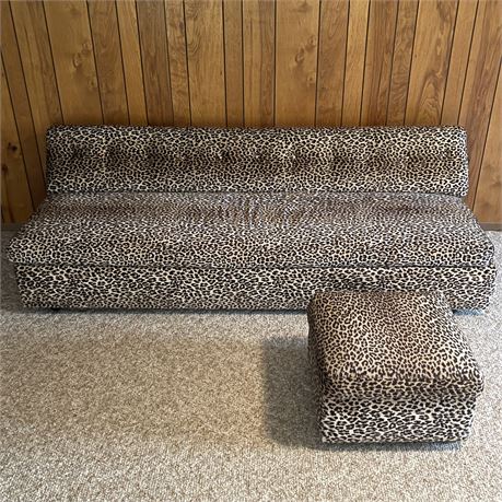 Mid Century Leopard Print Single Cushion Sofa on Caster w/ Matching Ottoman