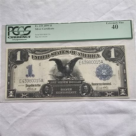 1899 $1 Silver Certificate "Black Eagle" note, graded as "Extremely Fine 40"