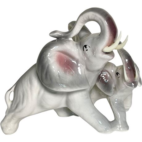 Ceramic Mother & Baby Elephant Duo "Good Luck" Figurine