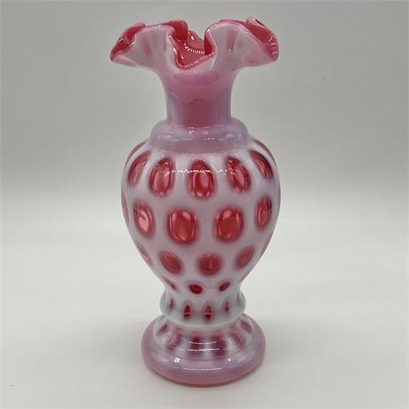Vtg Fenton Cranberry Art Glass Opalescent Coin Dot Ruffled Vase