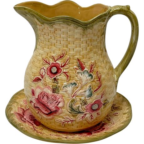 Longaberger Pottery Majolica Garden Pattern Pitcher w/ Matching Plate