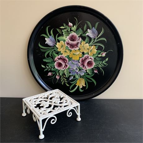 Beautiful Floral Painted Tray with Iron Plant Stand