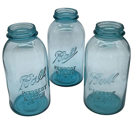 3 Large Blue Glass Mason Ball Jars