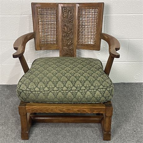 Antique Low Seat Wooden Chair with Carved and Woven Bamboo Back