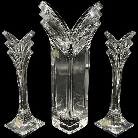Mikasa Crystal Vase & Pair of Candlestick Holders
