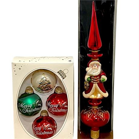 Glass Santa Claus Finial Tree Topper & (4) Glass Ornaments