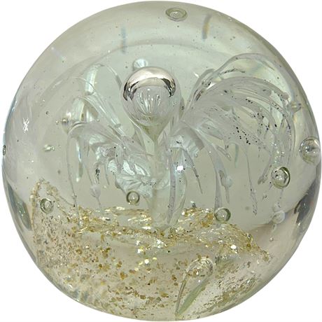 Clear Controlled Bubbles w/ Gold-Toned Accents Art Glass Paperweight