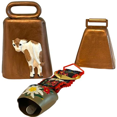 Cow Bells- Pottery 3D Cow Design, Painted Brass with/ Embroidered Strap & Copper