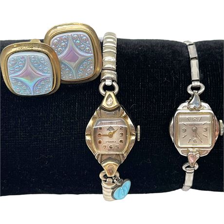 Iridescent Lucite Cufflinks w/ 1/20 12K GF Orano & Helbros Ladies Wrist Watches