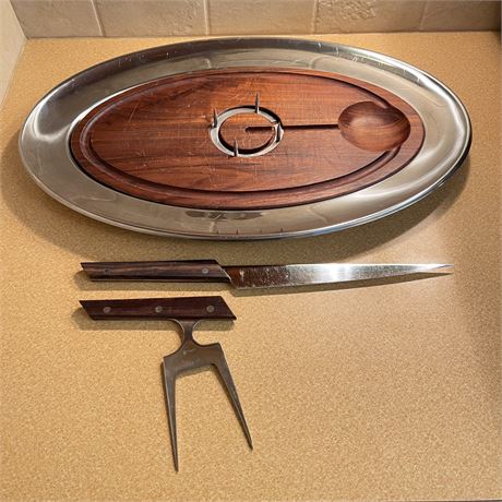 MCM Carving Platter w/ Carving Fork and & Knife