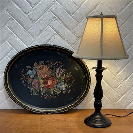 Hampton Bay Table Lamp with Coordinating Hand Painted Metal Platter