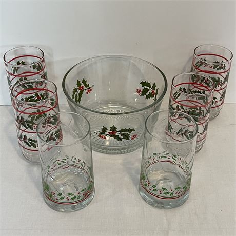 Clear Glass Christmas Drinking Glasses and Serving Bowl