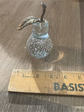 Vtg Art Glass Paperweight Clear Pear Shape Controlled Bubbles Metal Stem Leaf