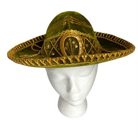 Kids Vtg Green Velvet and Gold Mexican Sombrero