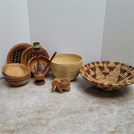 Carved Baby Elephant in Mother Elephant, Hooka, Bowls and Baskets
