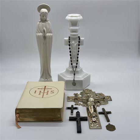 Religious Lot w/ Ebony Crucifix, Ceramic Virgin Mary & Candlestick Holder & More