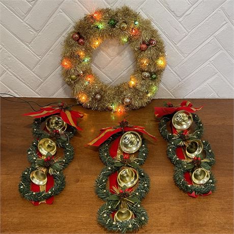 Lighted Tinsel 15" Wreath and Hanging Wreaths w/ Bells
