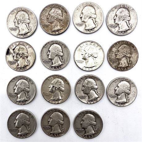 (15) 1951-1953 "Mainly D" Silver Quarter Coins