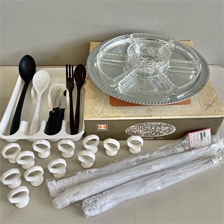 Irvinware Lazy Susan w/ Ceramic Napkin Rings, New Food Umbrellas & Utensils