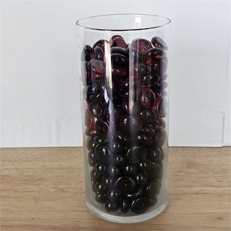 7.5" tall glass vase of red & black colored decorative gems
