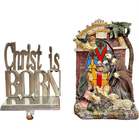 Metal “Christ Is Born” Stocking Hanger & Holy Family Figurine
