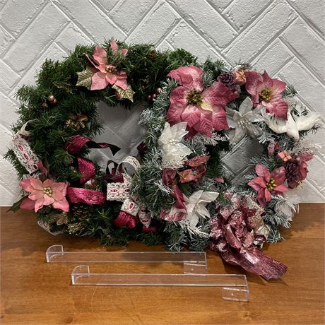 Pair of Stunning Artificial Pink Decor Wreaths w/ Wreath Hangers