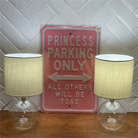 Fillable Open Bottom Small Glass Lamps w/ New "Princess Parking Only" Metal Sign