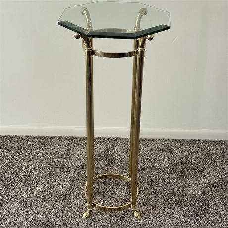 Pedestal Table with Hoof Footed Brass Base and Beveled Octagon Glass Top